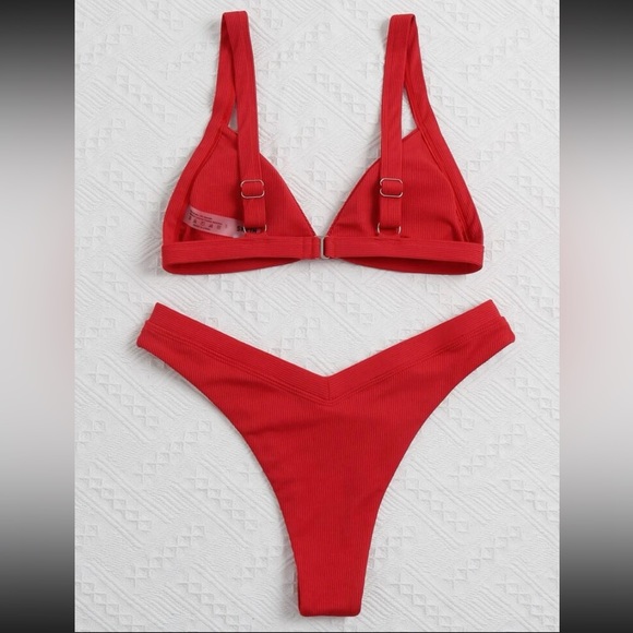 SHEIN Women’s High Cut Rib Triangle Top Padded Bikini Swimsuit - red, size M - Picture 2 of 8